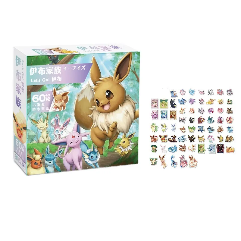 Autocollants mignons Pokémon ou Évoli dans une boîte cadeau.