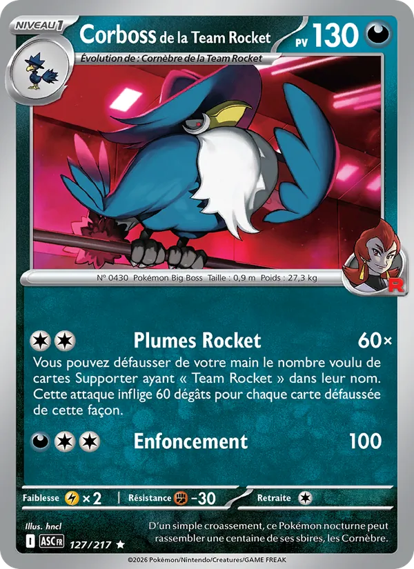 Corboss de la Team Rocket 127/217 — ME02.5 – Héros Transcendants — Carte Pokémon française
