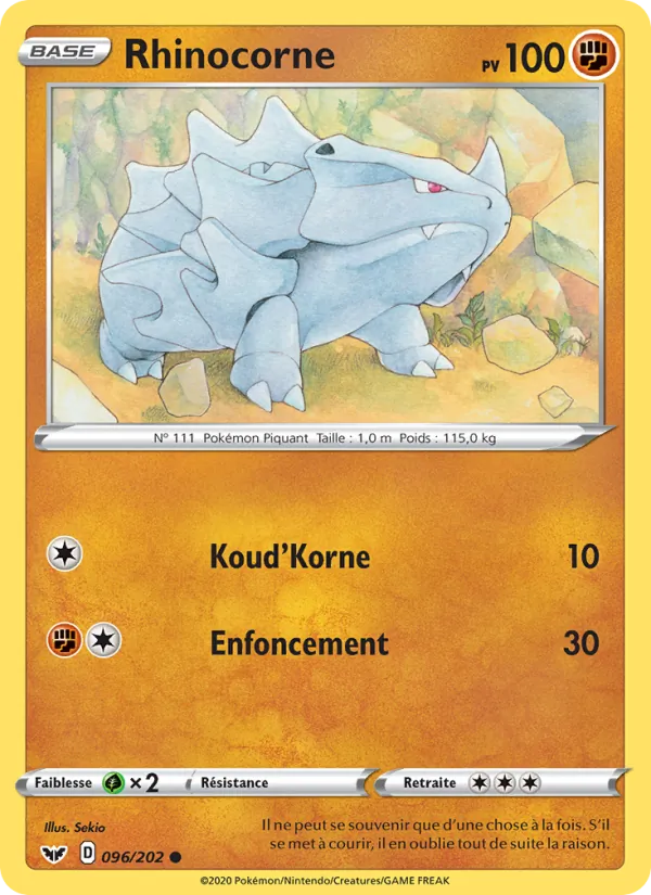 Rhinocorne 96/202 — EB01 – Épée et Bouclier — Carte Pokémon française