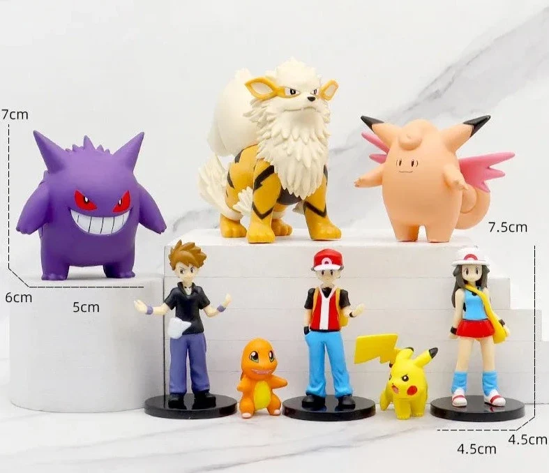 8 figurines Pokémon dans un ensemble - Ash, Gengar, Pikachu, Arkani et autres