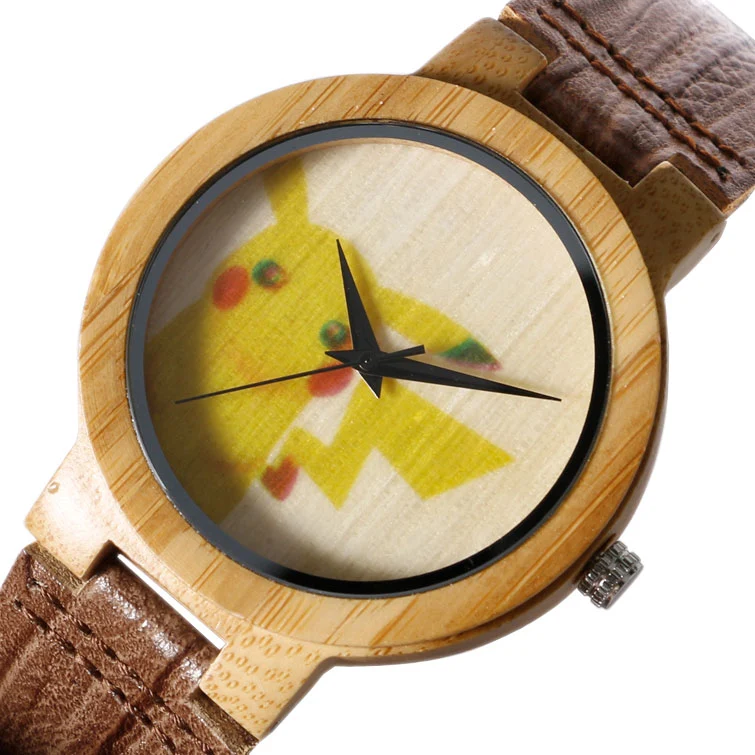Montre-bracelet en bois de bambou Pikachu Pokemon