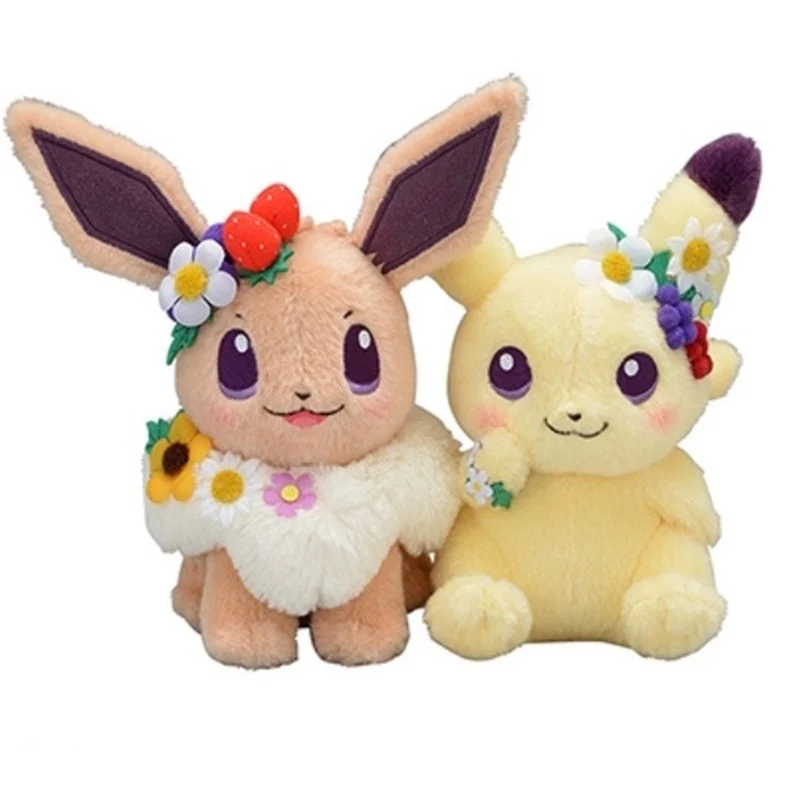 Pikachu ou Évoli mignon doudou Pokemon (env. 18cm) édition de fleurs