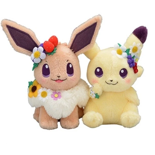 Pikachu ou Évoli mignon doudou Pokemon (env. 18cm) édition de fleurs