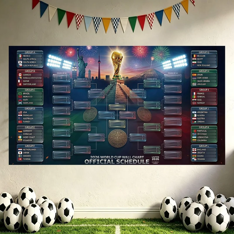 Affiche calendrier mural Coupe du Monde 2026 - 150x100 cm, 48 équipes