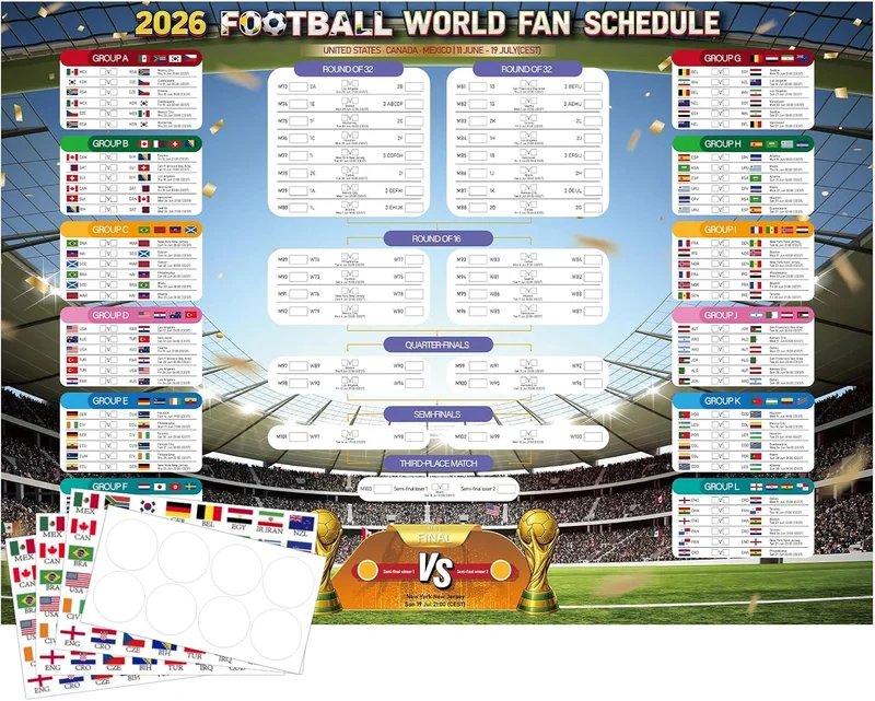 Affiche calendrier Coupe du Monde 2026 - 48 équipes (98x70 cm, WALLFID)