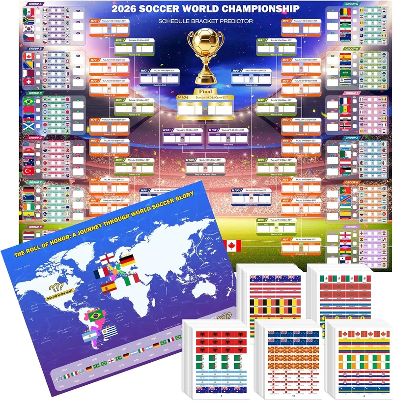 Poster calendrier géant Coupe du Monde 2026 (110x80 cm) + 384 stickers drapeaux