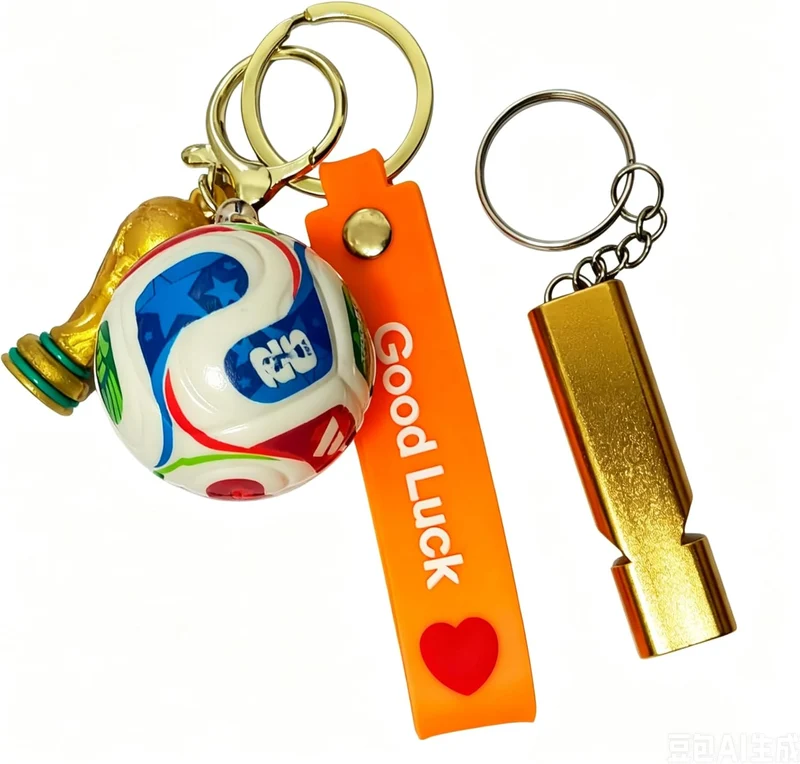 Lot de 4 porte-clés FIFA Coupe du Monde 2026 (football, trophée, bracelet, sifflet)