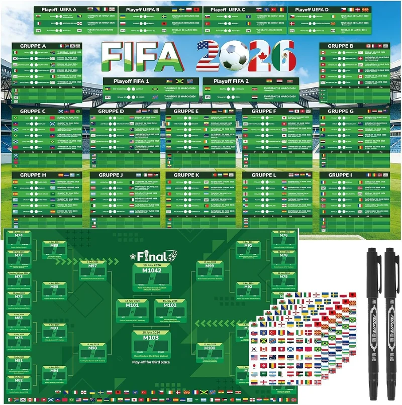 Affiche calendrier Coupe du Monde 2026 + autocollants drapeaux (Aitsite)