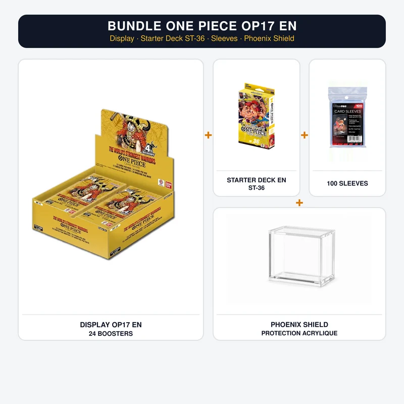Bundle One Piece OP17 – Display EN + Starter Deck ST-36 EN + 100 Sleeves + Phoenix Shield