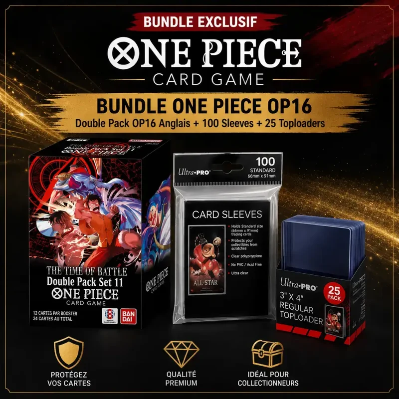 Bundle One Piece OP16 The Time of Battle – Double Pack Anglais + 100 Sleeves + 25 Toploaders
