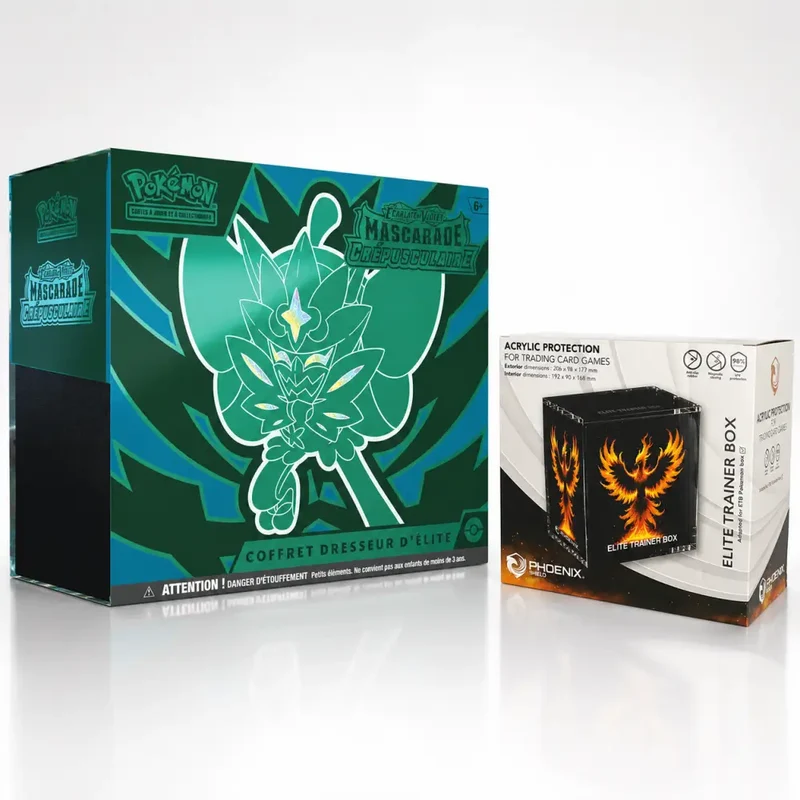 Bundle ETB Pokémon EV06 Mascarade Crépusculaire FR + Protection Acrylique Phoenix Shield