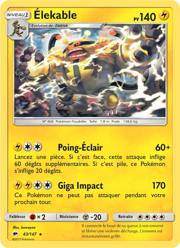 Élekable 43/147 — SL3 – Ombres Ardentes — Carte Pokémon française